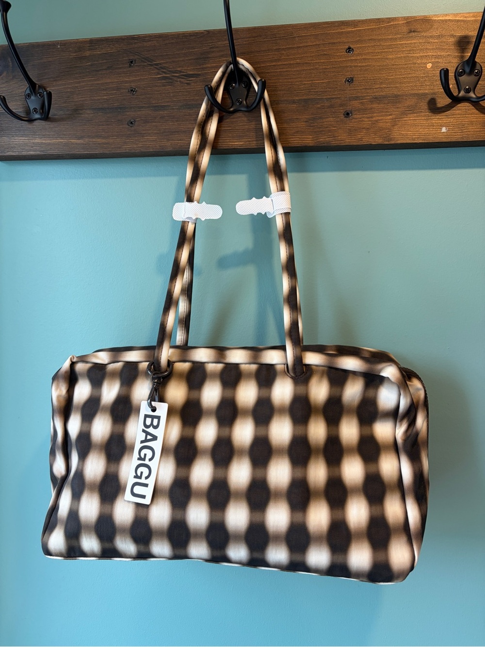 🔥🆕🔥 Baggu Medium Nylon Bowler Bag Blurred Gingham Brown NWT
